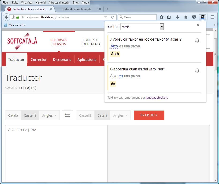 Corrector gramatical en català LanguageTool per al Firefox